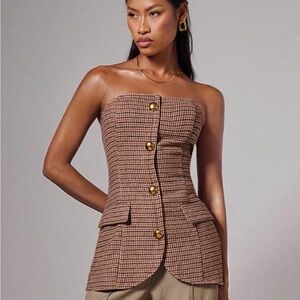 Brown Plaid Strapless Top with Gold Buttons